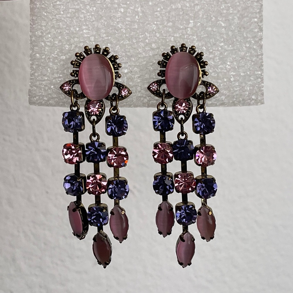 Pink moonglow glass, purple, pink rhinestone dangle, drop stud earrings